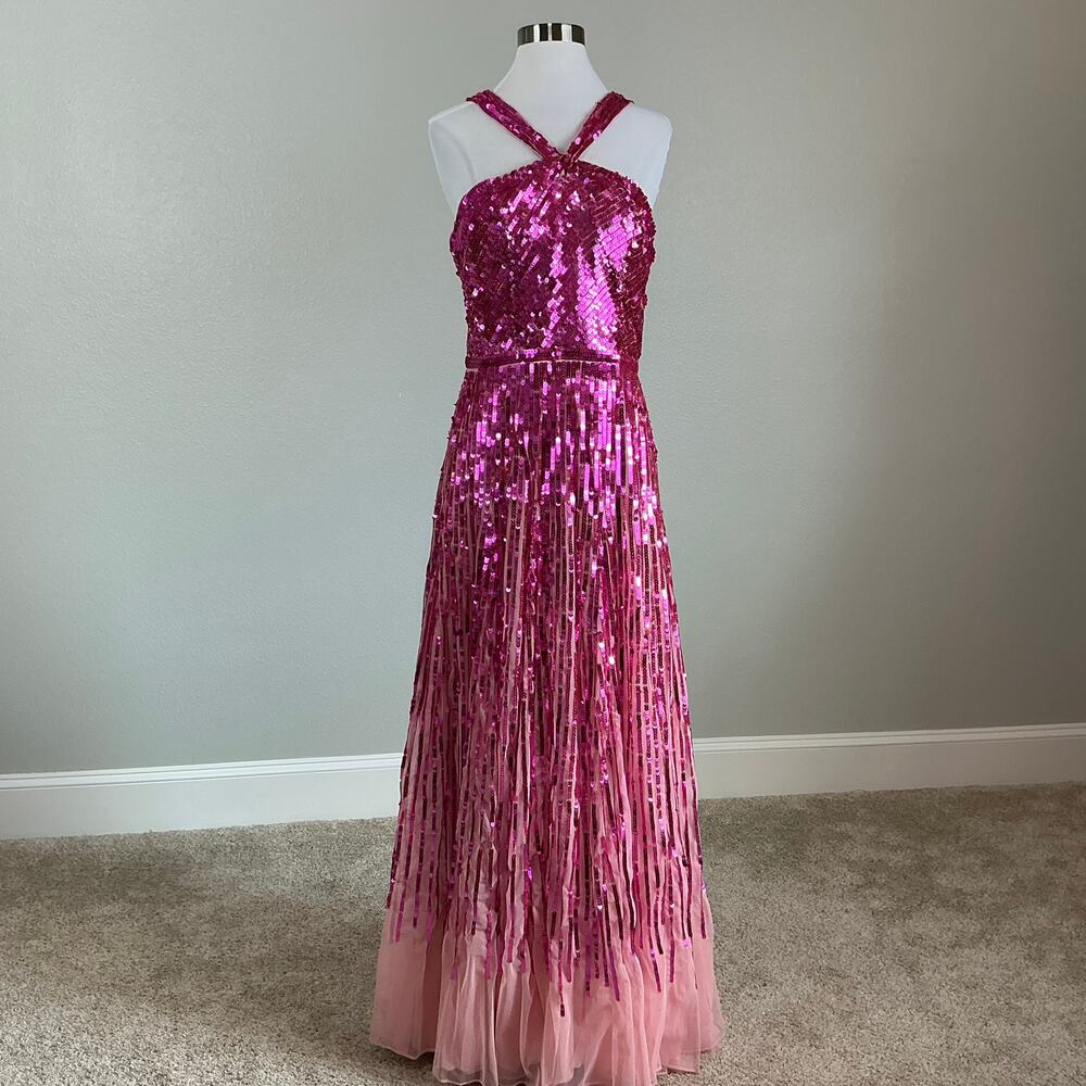 Mac Duggal 93961 Hot Pink Evening Gown Sequined Tulle Halter A-Line Dress Size 8 - Picture 2 of 12